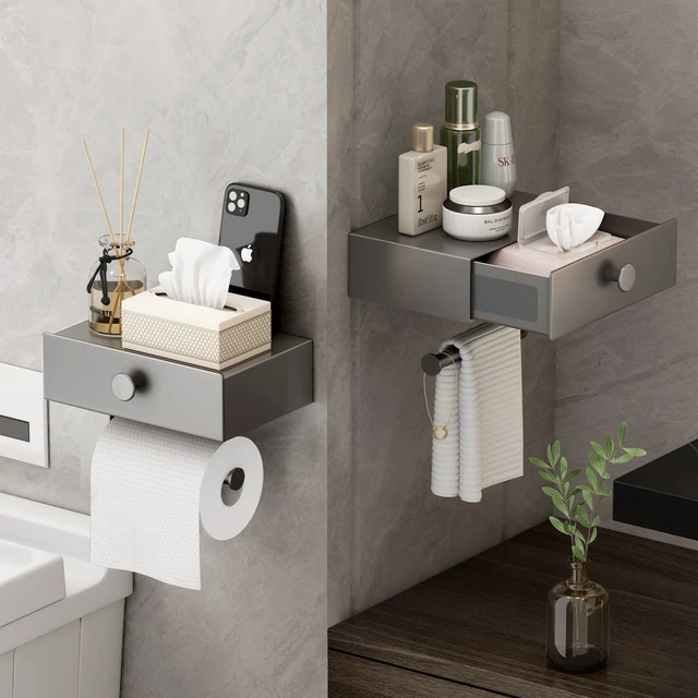 Alt view image 3 of 6 - Toilet Paper Holder with Shelf Gray Wipes Dispenser for Bathroom Toilet Paper Holder with Storage Upgrade Drawer Design Toilet Tissue Holder Adhesive Small Bathroom Shelf Wall Mount