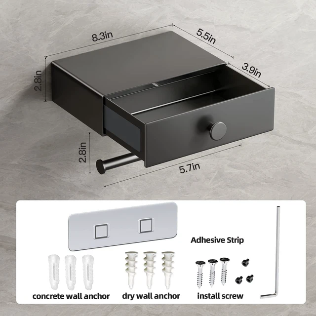 Alt view image 6 of 6 - Toilet Paper Holder with Shelf Gray Wipes Dispenser for Bathroom Toilet Paper Holder with Storage Upgrade Drawer Design Toilet Tissue Holder Adhesive Small Bathroom Shelf Wall Mount