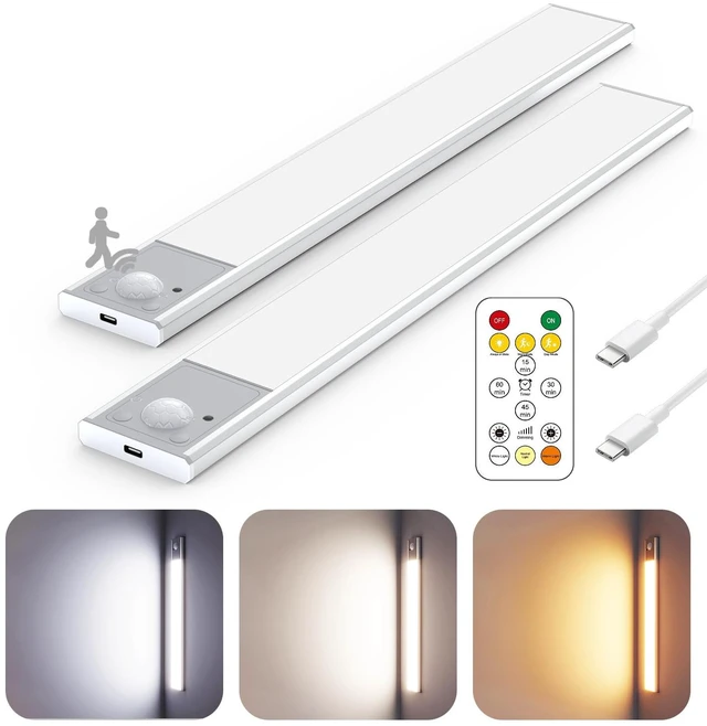 Main image of 12" Under Cabinet Lighting Wireless, Remote, Motion Sensor, 2Pack, Silver 0.33" Ultra-thin Aluminum Alloy Body, USB-C Rechargeable, 3-Color-Temp, Dimming, Magnetic, 30Day Runtime for Kitchen Closet