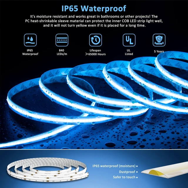 Alt view image 2 of 7 - RGB COB LED Strip Light IP65 Waterproof,UL Listed 24V Color Changing Flexible Tape Lights 16.4ft/5m Multicolor,for TV,Bedroom,Bathroom,Party DIY Decoration(Adapter&Controller Not Included)