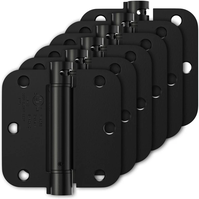 Main image of 6 Pack Self Closing Door Hinges 3.5 Inch, Matte Black Spring Loaded Hinges with 5/8'' Radius Corners, Adjustable Tension for Garage, Front Door, for Left and Right Hand Door, UL Listed