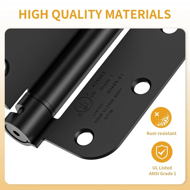 Alt view image 5 of 7 - 6 Pack Self Closing Door Hinges 3.5 Inch, Matte Black Spring Loaded Hinges with 5/8'' Radius Corners, Adjustable Tension for Garage, Front Door, for Left and Right Hand Door, UL Listed