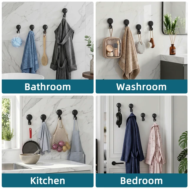 Alt view image 7 of 7 - 4 Pack Upgraded Suction Cup Hook with Visible Safety Indicator, Black Powerful Suction, No-Drill Shower Hooks for Towels, Loofahs, Robes, 1 Sec Installation, Waterproof, Removable Bathroom Hanger