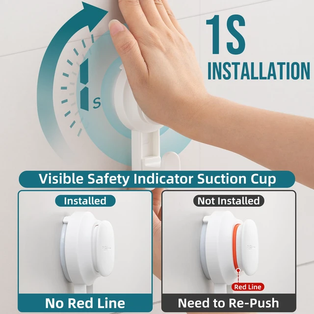 Alt view image 3 of 7 - 4 Pack Upgraded Suction Cup Hook with Visible Safety Indicator, White Powerful Suction, No-Drill Shower Hooks for Towels, Loofahs, Robes, 1 Sec Installation, Waterproof, Removable Bathroom Hanger