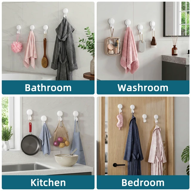 Alt view image 7 of 7 - 4 Pack Upgraded Suction Cup Hook with Visible Safety Indicator, White Powerful Suction, No-Drill Shower Hooks for Towels, Loofahs, Robes, 1 Sec Installation, Waterproof, Removable Bathroom Hanger