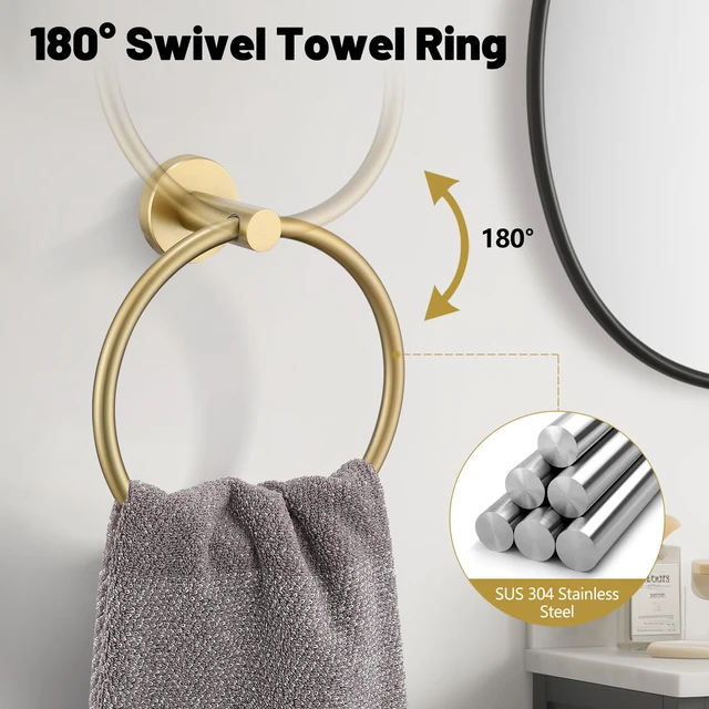 Alt view image 3 of 7 - 5 Pieces Brushed Gold Bathroom Hardware Accessories Set SUS304 Stainless Steel Gold Towel Bar Holder Set, 23.6Inch Towel Racks for Bathroom, Robe Towel Hooks, Toilet Paper Holder Wall Mounted