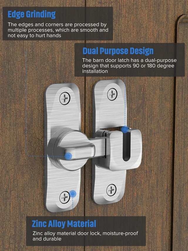 Alt view image 5 of 7 - 90/180 Degree Flip Barn Door Lock, Sliding Door Latch, Silver-4PC Protect Privacy - Security Lock, Small Gate Latches Hardware for Barn, Garden, Bathroom, Cabinet, Window