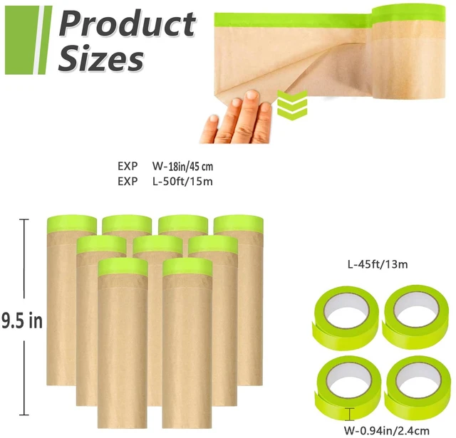 Alt view image 2 of 7 - 9 Rolls Pre-Taped Masking Paper for Painting and 4 Rolls Masking Tape Set -18 inch x 50 feet Tape and Drape for Painting, Painters Paper for Automotive Paint Masking, Floor Protection,Wall Covering