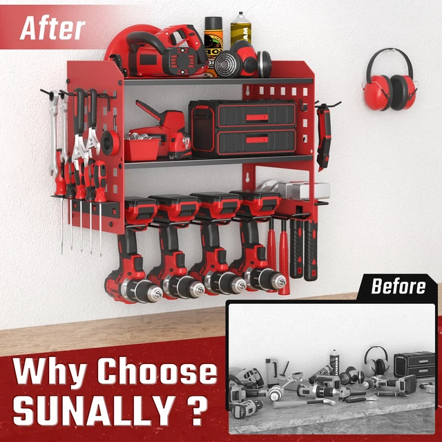 Alt view image 3 of 7 - Power Tool Organizer, Wall Mount Garage Tools Storage Rack, Red Metal Tool Storage Rack with 4 Drill Holders, Heavy Duty Power Tool Shelf for Garage,Warehouse,Workshop, Gift for Men,Husband