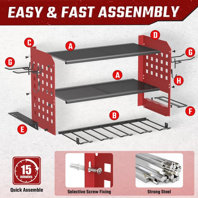 Alt view image 4 of 7 - Power Tool Organizer, Wall Mount Garage Tools Storage Rack, Red Metal Tool Storage Rack with 4 Drill Holders, Heavy Duty Power Tool Shelf for Garage,Warehouse,Workshop, Gift for Men,Husband