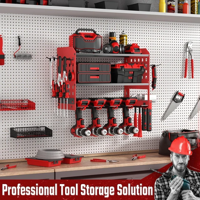 Alt view image 7 of 7 - Power Tool Organizer, Wall Mount Garage Tools Storage Rack, Red Metal Tool Storage Rack with 4 Drill Holders, Heavy Duty Power Tool Shelf for Garage,Warehouse,Workshop, Gift for Men,Husband