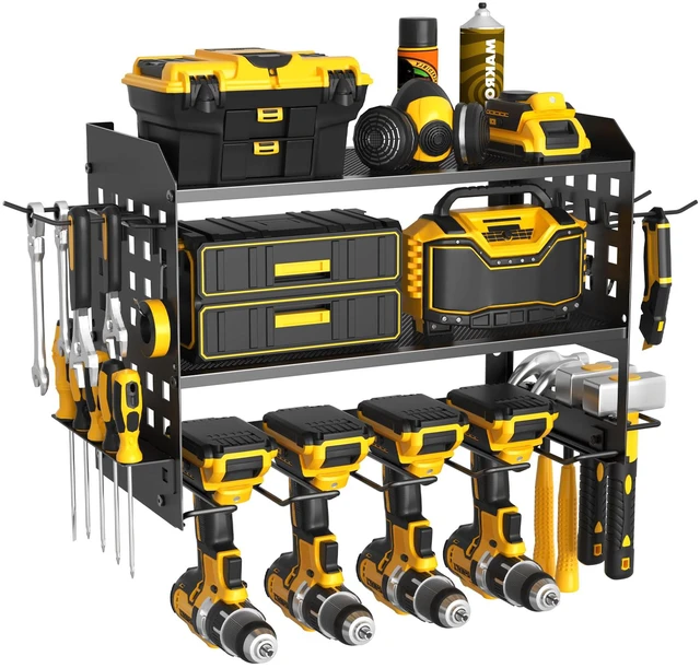 Main image of Power Tool Organizer, Wall Mount Garage Tools Storage Rack, Black Metal Tool Storage Rack with 4 Drill Holders, Heavy Duty Power Tool Shelf for Garage,Warehouse,Workshop, Gift for Men,Husband