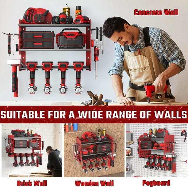 Alt view image 6 of 7 - Power Tool Organizer, Wall Mount Garage Tools Storage Rack, Red Metal Tool Storage Rack with 4 Drill Holders, Heavy Duty Power Tool Shelf for Garage,Warehouse,Workshop, Gift for Men,Husband