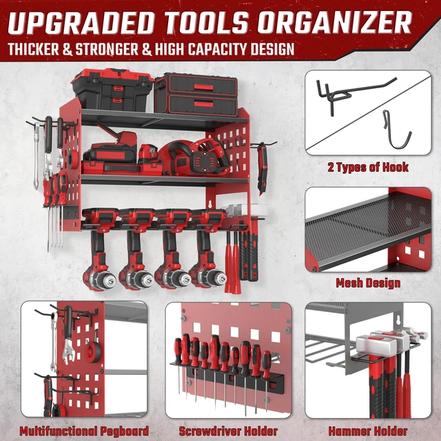 Alt view image 5 of 7 - Power Tool Organizer, Wall Mount Garage Tools Storage Rack, Red Metal Tool Storage Rack with 4 Drill Holders, Heavy Duty Power Tool Shelf for Garage,Warehouse,Workshop, Gift for Men,Husband