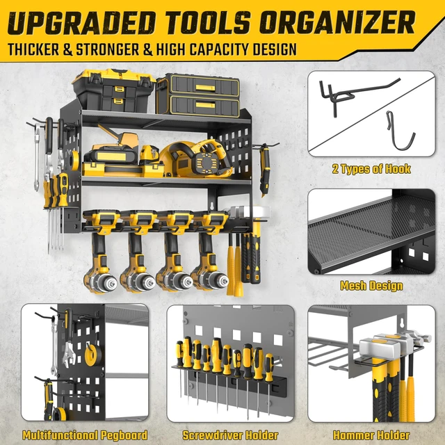 Alt view image 5 of 7 - Power Tool Organizer, Wall Mount Garage Tools Storage Rack, Black Metal Tool Storage Rack with 4 Drill Holders, Heavy Duty Power Tool Shelf for Garage,Warehouse,Workshop, Gift for Men,Husband
