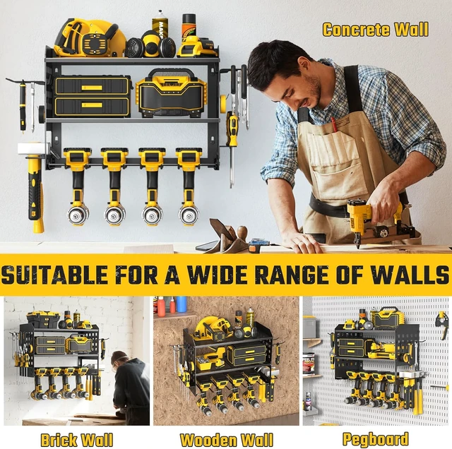 Alt view image 6 of 7 - Power Tool Organizer, Wall Mount Garage Tools Storage Rack, Black Metal Tool Storage Rack with 4 Drill Holders, Heavy Duty Power Tool Shelf for Garage,Warehouse,Workshop, Gift for Men,Husband