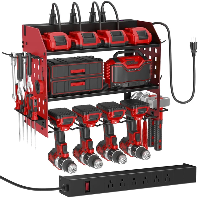 Main image of Power Tool Organizer Wall Mount with Charging Station,3 Layer, Red Metal Tool Storage Rack with 4 Drill Holders, Heavy Duty Power Tool Shelf for Garage,Warehouse,Workshop, Gift for Men,Husband