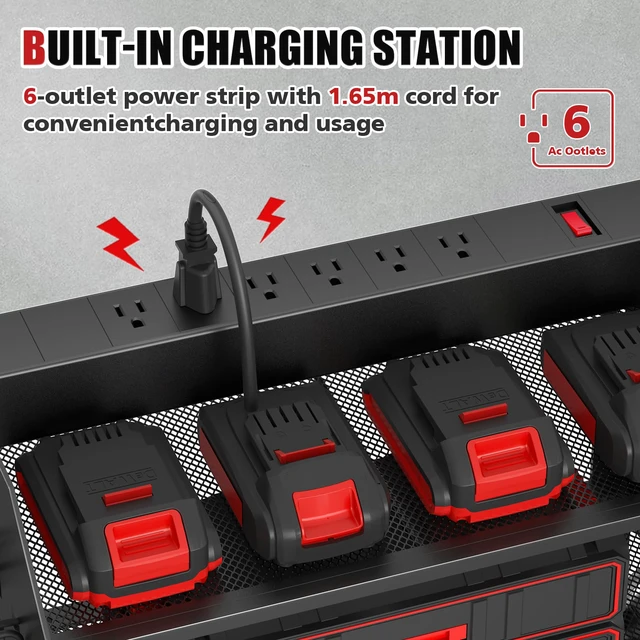 Alt view image 2 of 7 - Power Tool Organizer Wall Mount with Charging Station,3 Layer, Red Metal Tool Storage Rack with 4 Drill Holders, Heavy Duty Power Tool Shelf for Garage,Warehouse,Workshop, Gift for Men,Husband