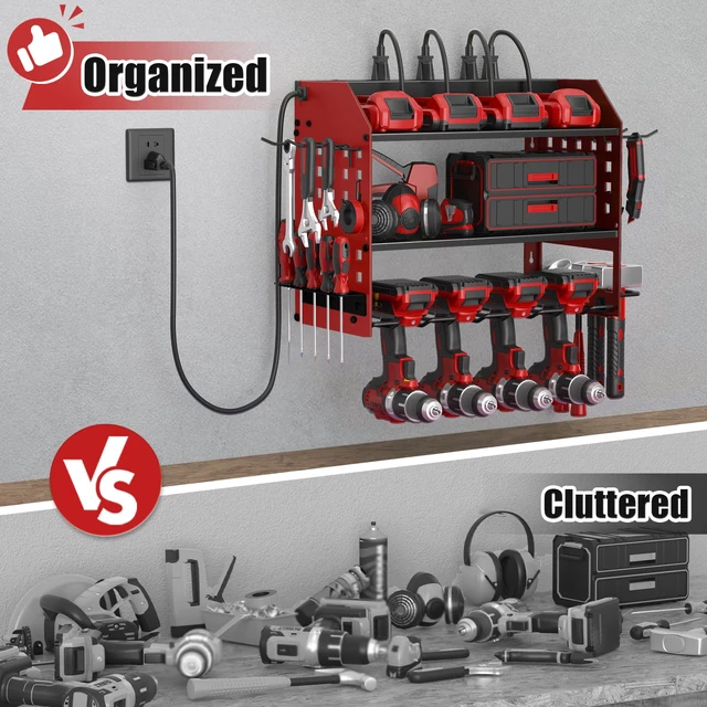 Alt view image 3 of 7 - Power Tool Organizer Wall Mount with Charging Station,3 Layer, Red Metal Tool Storage Rack with 4 Drill Holders, Heavy Duty Power Tool Shelf for Garage,Warehouse,Workshop, Gift for Men,Husband