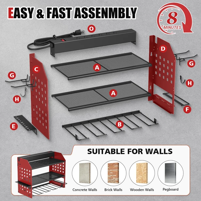 Alt view image 4 of 7 - Power Tool Organizer Wall Mount with Charging Station,3 Layer, Red Metal Tool Storage Rack with 4 Drill Holders, Heavy Duty Power Tool Shelf for Garage,Warehouse,Workshop, Gift for Men,Husband