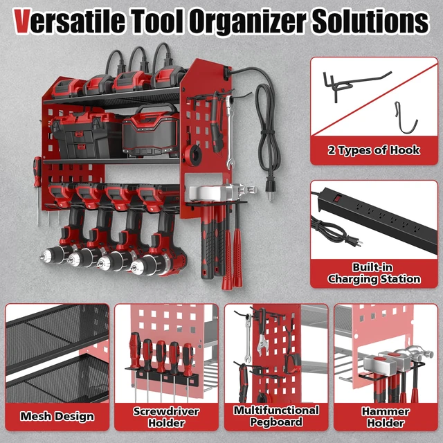 Alt view image 5 of 7 - Power Tool Organizer Wall Mount with Charging Station,3 Layer, Red Metal Tool Storage Rack with 4 Drill Holders, Heavy Duty Power Tool Shelf for Garage,Warehouse,Workshop, Gift for Men,Husband