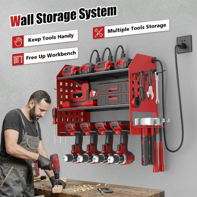 Alt view image 7 of 7 - Power Tool Organizer Wall Mount with Charging Station,3 Layer, Red Metal Tool Storage Rack with 4 Drill Holders, Heavy Duty Power Tool Shelf for Garage,Warehouse,Workshop, Gift for Men,Husband