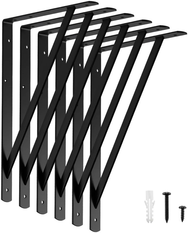 Main image of 16x10 Inch Heavy Duty Shelf Brackets, Black 6 Pack 600lbs Capacity, Reinforced Metal L Supports with Screws, Garage Storage/Workshop Shelves/Basement and DIY Projects