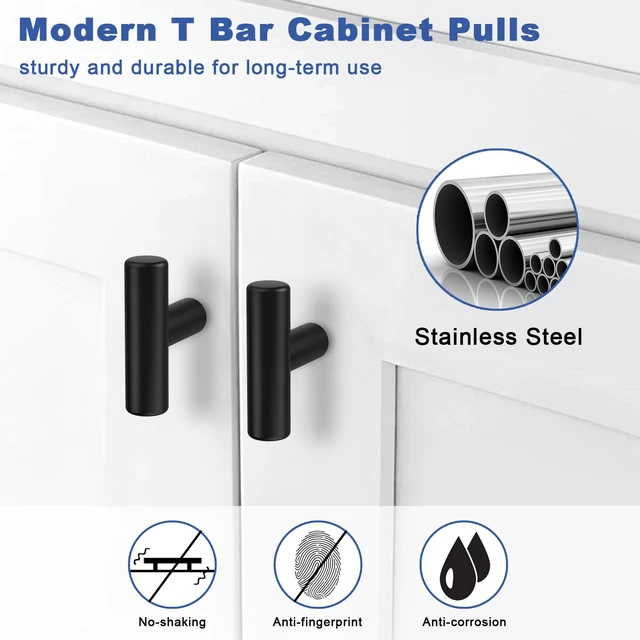 Alt view image 2 of 7 - 30 Pack Cabinet Knobs Matte Black Drawer Knobs Stainless Steel 2 Inch Overall Length Dresser Knobs for Cabinets Cupboard Bathroom Kitchen Hardware, Single Hole T Bar Knobs