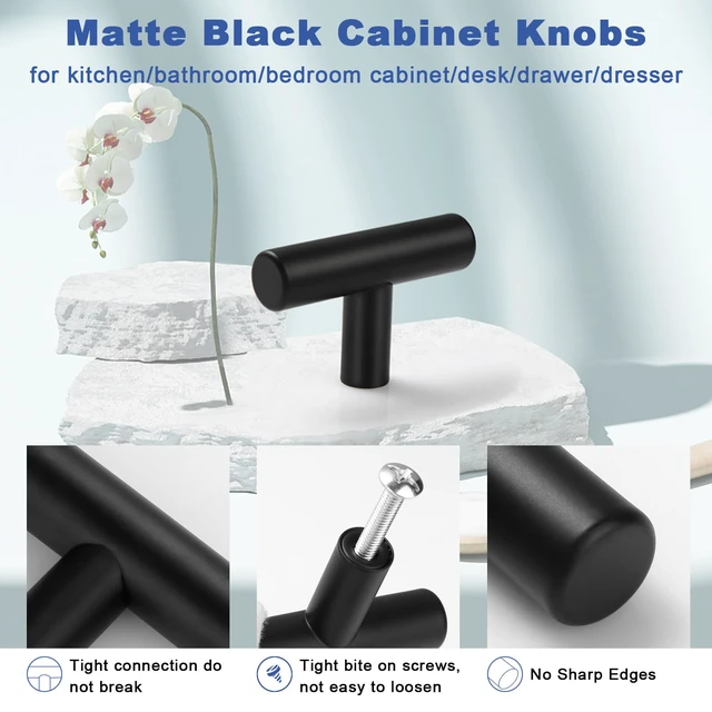 Alt view image 3 of 7 - 30 Pack Cabinet Knobs Matte Black Drawer Knobs Stainless Steel 2 Inch Overall Length Dresser Knobs for Cabinets Cupboard Bathroom Kitchen Hardware, Single Hole T Bar Knobs