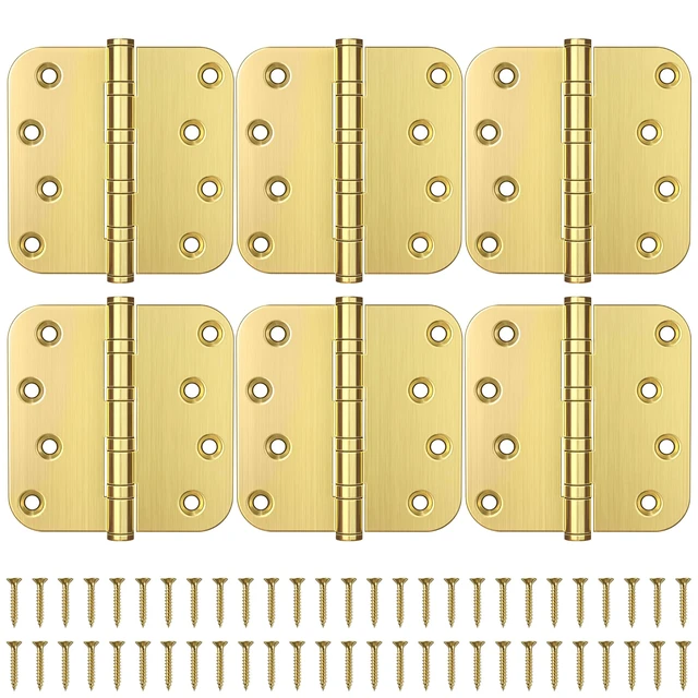 Main image of Gold Door Hinges, 4 x 4 Inches, 5/8" Radius Corner,Satin Gold, 6 Pack Ball Bearing, Heavy Duty Stainless Steel, Smooth and Quiet, Non Removable Pin