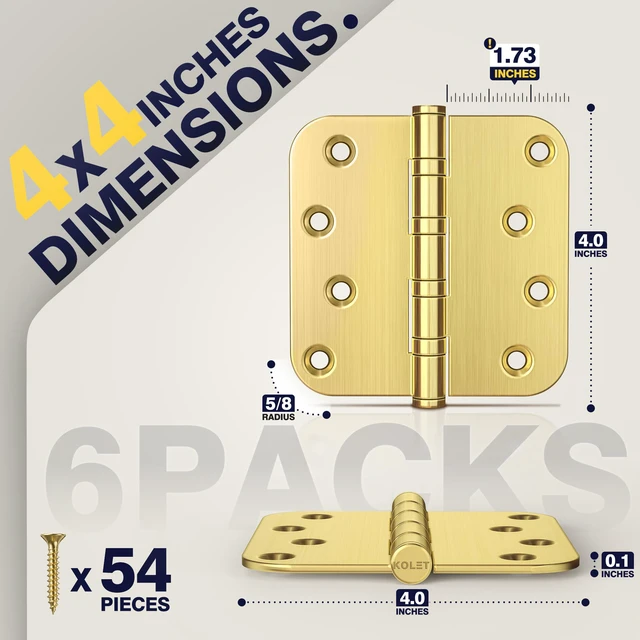 Alt view image 2 of 7 - Gold Door Hinges, 4 x 4 Inches, 5/8" Radius Corner,Satin Gold, 6 Pack Ball Bearing, Heavy Duty Stainless Steel, Smooth and Quiet, Non Removable Pin
