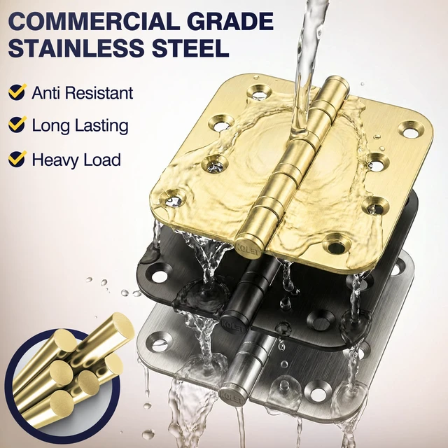 Alt view image 4 of 7 - Gold Door Hinges, 4 x 4 Inches, 5/8" Radius Corner,Satin Gold, 6 Pack Ball Bearing, Heavy Duty Stainless Steel, Smooth and Quiet, Non Removable Pin