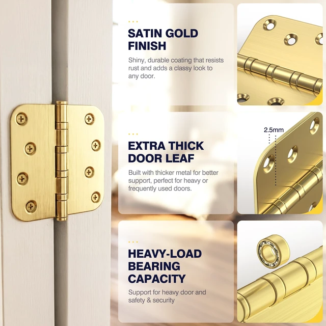 Alt view image 5 of 7 - Gold Door Hinges, 4 x 4 Inches, 5/8" Radius Corner,Satin Gold, 6 Pack Ball Bearing, Heavy Duty Stainless Steel, Smooth and Quiet, Non Removable Pin