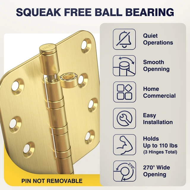 Alt view image 6 of 7 - Gold Door Hinges, 4 x 4 Inches, 5/8" Radius Corner,Satin Gold, 6 Pack Ball Bearing, Heavy Duty Stainless Steel, Smooth and Quiet, Non Removable Pin