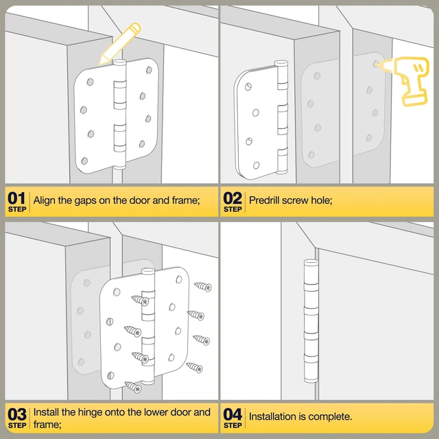 Alt view image 7 of 7 - Gold Door Hinges, 4 x 4 Inches, 5/8" Radius Corner,Satin Gold, 6 Pack Ball Bearing, Heavy Duty Stainless Steel, Smooth and Quiet, Non Removable Pin