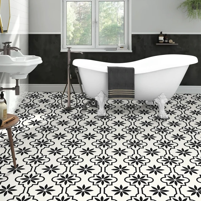 Alt view image 3 of 6 - Peel and Stick Floor Tile Vinyl Flooring 40PCS 7.87" x 7.87" Renter Friendly Removable Waterproof DIY Bathroom Kitchen Fireplace Pet House Stairs Bedrooms Wall Self-Adhesive Black White