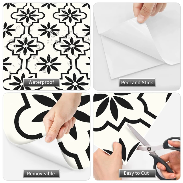 Alt view image 6 of 6 - Peel and Stick Floor Tile Vinyl Flooring 40PCS 7.87" x 7.87" Renter Friendly Removable Waterproof DIY Bathroom Kitchen Fireplace Pet House Stairs Bedrooms Wall Self-Adhesive Black White