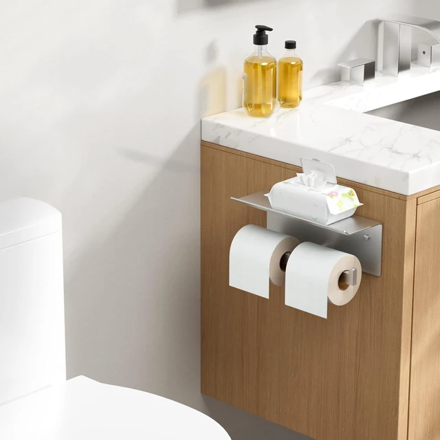 Alt view image 2 of 7 - Toilet Paper Holder with Shelf, Commercial Toilet Paper Dispenser Brushed Nickel 2 Pack | SUS304 Stainless Steel Wall Mount Double Bathroom Tissue Roll Holder for Hotel, Apartments, etc