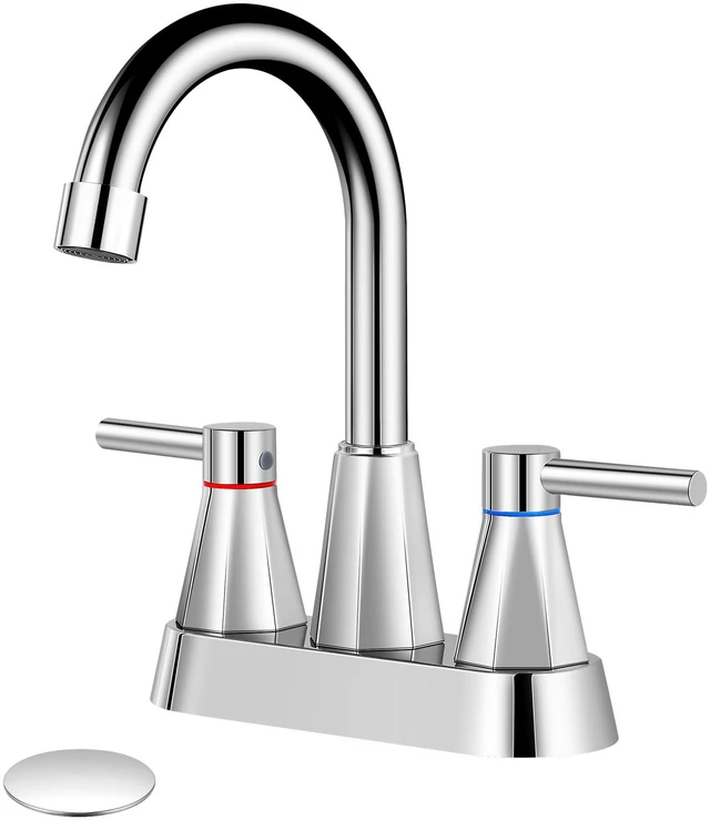 Main image of 4" Bathroom Sink Faucet, 2-Handle Chrome, Pop-Up Drain Included 360° swivel spout, ceramic cartridge, 20% water-saving aerator, RV ready