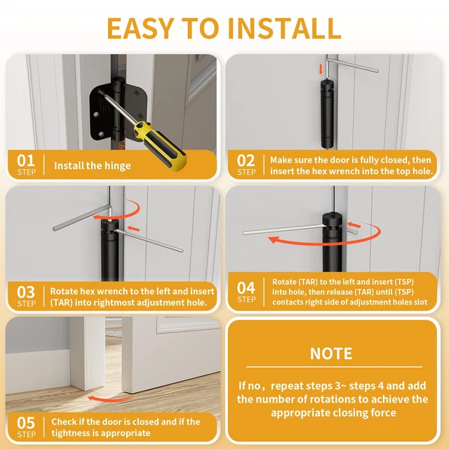 Alt view image 4 of 7 - 6 Pack Self Closing Door Hinges 3.5 Inch, Matte Black Spring Loaded Hinges with 5/8'' Radius Corners, Adjustable Tension for Garage, Front Door, for Left and Right Hand Door, UL Listed