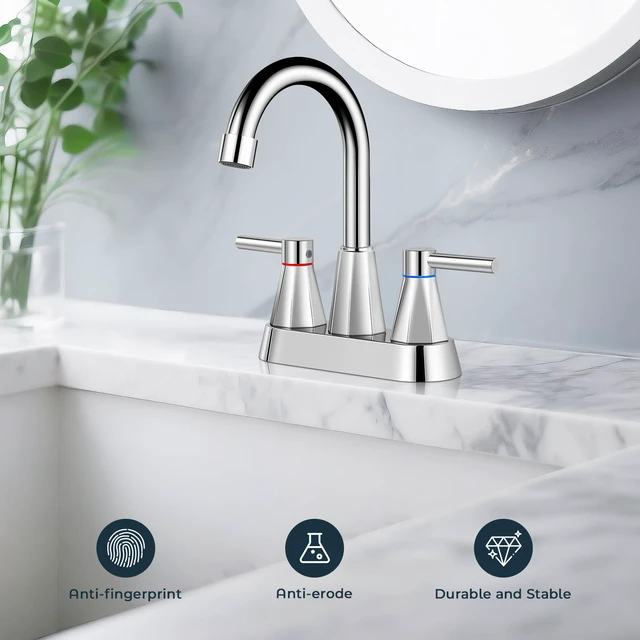 Alt view image 2 of 7 - 4" Bathroom Sink Faucet, 2-Handle Chrome, Pop-Up Drain Included 360° swivel spout, ceramic cartridge, 20% water-saving aerator, RV ready