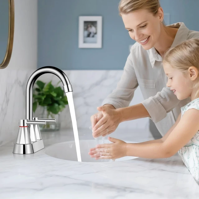 Alt view image 3 of 7 - 4" Bathroom Sink Faucet, 2-Handle Chrome, Pop-Up Drain Included 360° swivel spout, ceramic cartridge, 20% water-saving aerator, RV ready