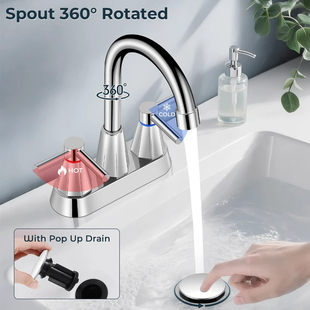 Alt view image 5 of 7 - 4" Bathroom Sink Faucet, 2-Handle Chrome, Pop-Up Drain Included 360° swivel spout, ceramic cartridge, 20% water-saving aerator, RV ready