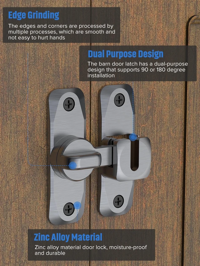 Alt view image 5 of 7 - 90/180 Degree Flip Barn Door Lock, Sliding Door Latch, Grey-4PCS Protect Privacy - Security Lock, Small Gate Latches Hardware for Barn, Garden, Bathroom, Cabinet, Window