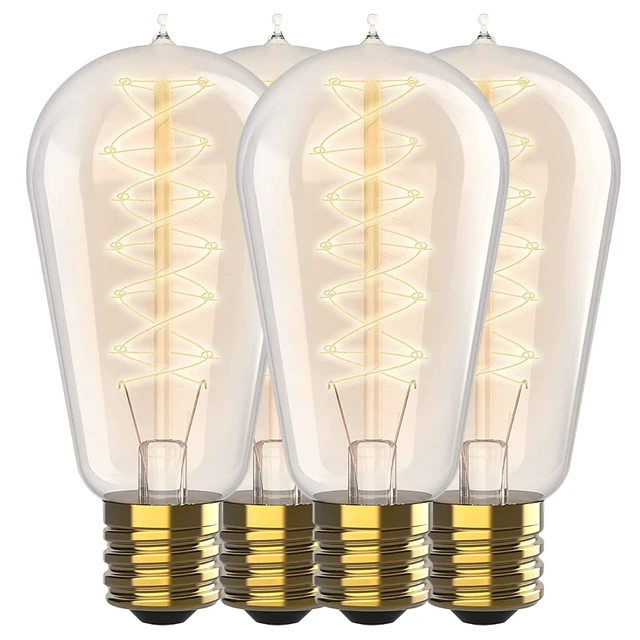 Alt view image 7 of 7 - Vintage Incandescent 60W Edison Light Bulbs (4 Pack) - 2100K Dimmable Warm Lightbulbs 230 Lumens - E26/E27 Base Clear Glass Light Bulb - ST58 Style Tear Drop Antique Spiral Filament