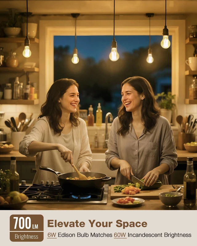 Alt view image 3 of 7 - A19 Soft White Edison Bulbs, Dimmable E26 LED 60 Watt Equivalent 6 Pack 2700K warm relaxing vintage light for cozy living rooms. Antique old-fashioned style 700LM glow without harsh blinding glare