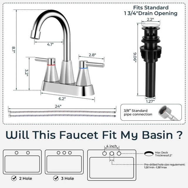 Alt view image 7 of 7 - 4" Bathroom Sink Faucet, 2-Handle Chrome, Pop-Up Drain Included 360° swivel spout, ceramic cartridge, 20% water-saving aerator, RV ready