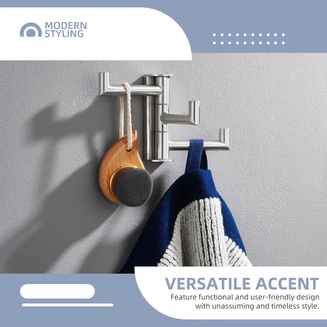 Alt view image 4 of 7 - Swivel Towel Hook 3 Arms, Robe Coat Wall Hook, Brushed Nickel Solid SUS304 Stainless Steel, Hand Towel Holder for Bathroom Shower Kitchen, Fold Flush to the Wall, Screws Mounted