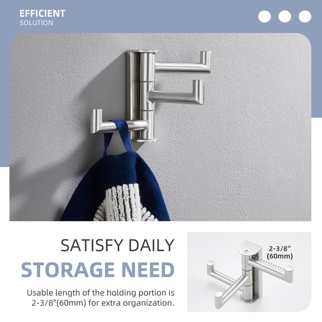 Alt view image 5 of 7 - Swivel Towel Hook 3 Arms, Robe Coat Wall Hook, Brushed Nickel Solid SUS304 Stainless Steel, Hand Towel Holder for Bathroom Shower Kitchen, Fold Flush to the Wall, Screws Mounted