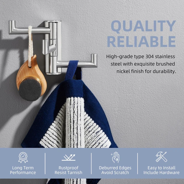 Alt view image 6 of 7 - Swivel Towel Hook 3 Arms, Robe Coat Wall Hook, Brushed Nickel Solid SUS304 Stainless Steel, Hand Towel Holder for Bathroom Shower Kitchen, Fold Flush to the Wall, Screws Mounted